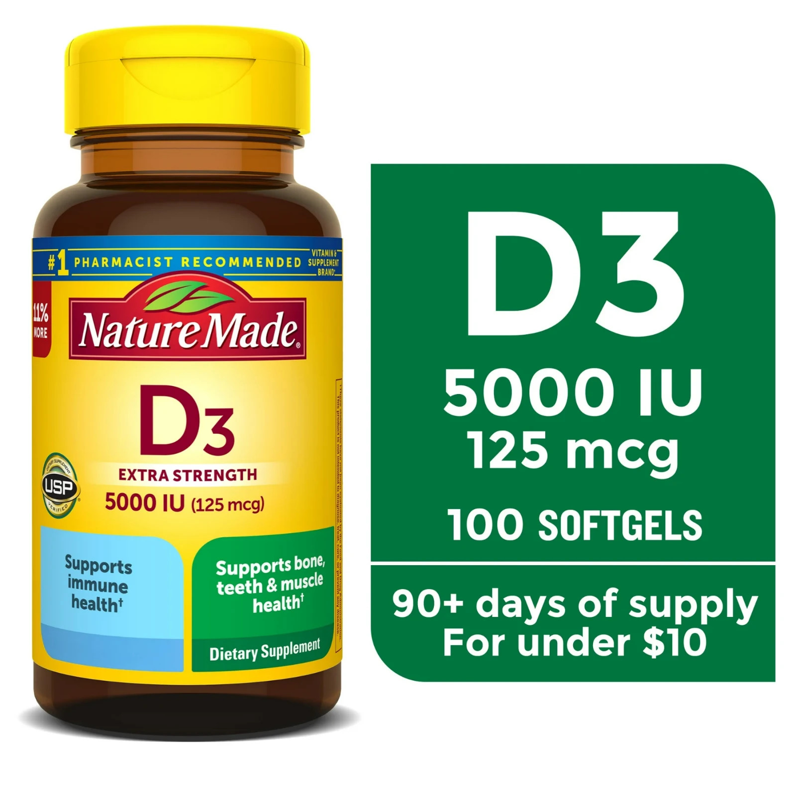 Nature Made Extra Strength Vitamin D3 5000 IU (125 mcg) Softgels, 100 Count, 1PK