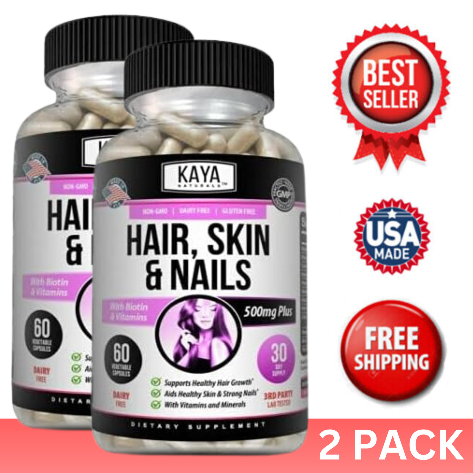 (2 Pack) Hair Skin Nail 60ct Calcium Iron Biotin Vitamins A C B1 B5 B6 B12 E D3