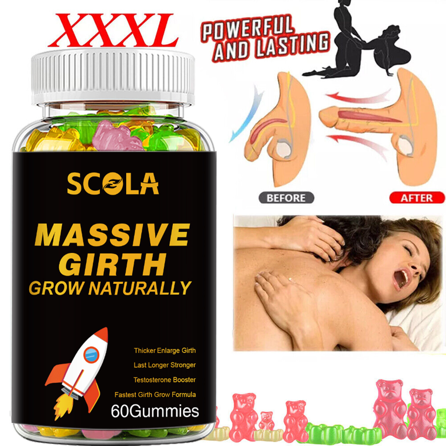 Male Enhancing 60 Gummies, Massive Girth Enlargement LAST LONGER 3″ BIGGER