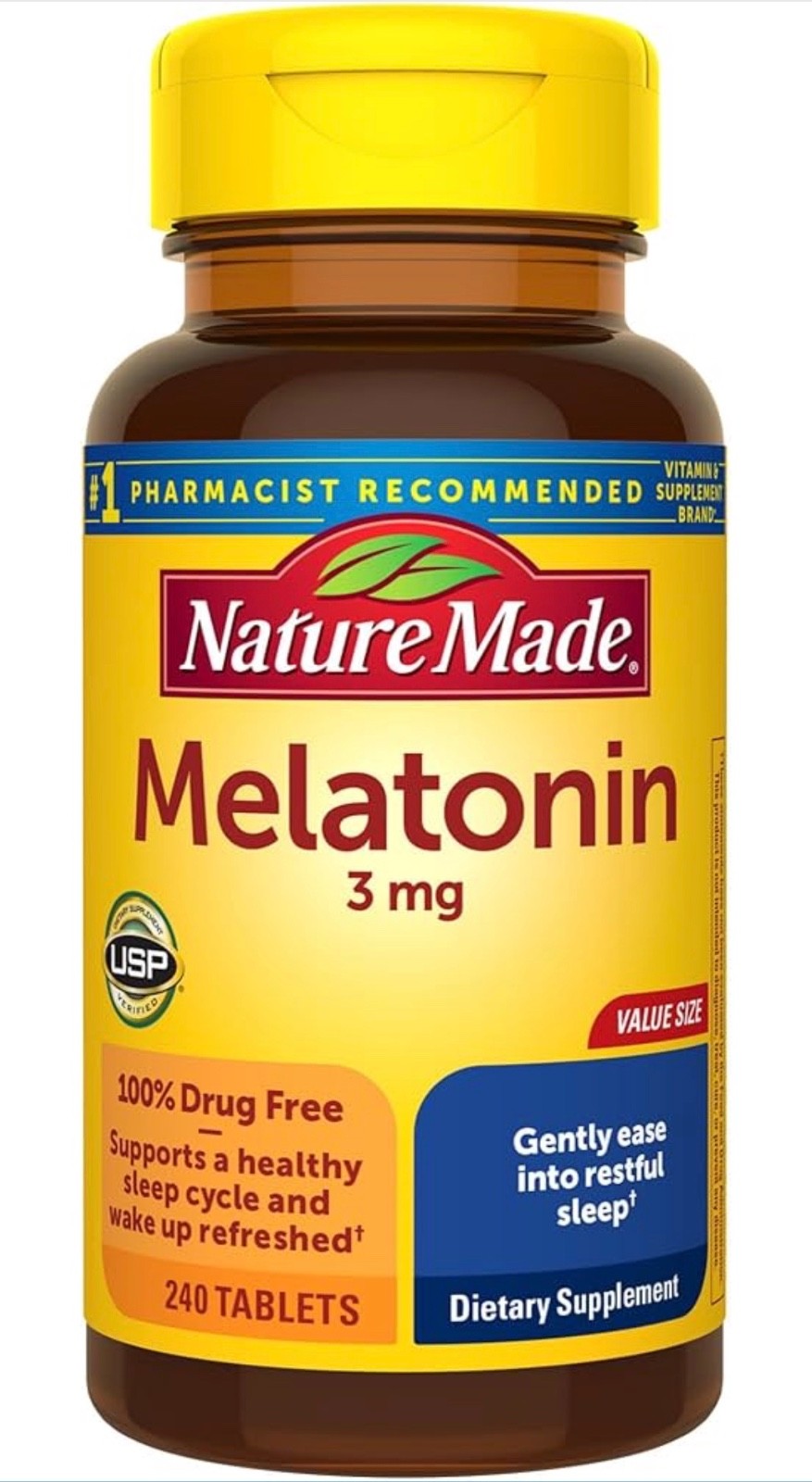 Nature Made Melatonin 3 mg 240 Tablets Gluten-Free, No Artificial Flavors,