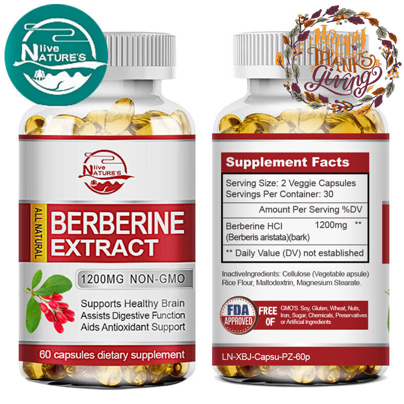 1200mg Berberine HCL Premium Extract Cholesterol, Anti-inflammatory 60 Capsules