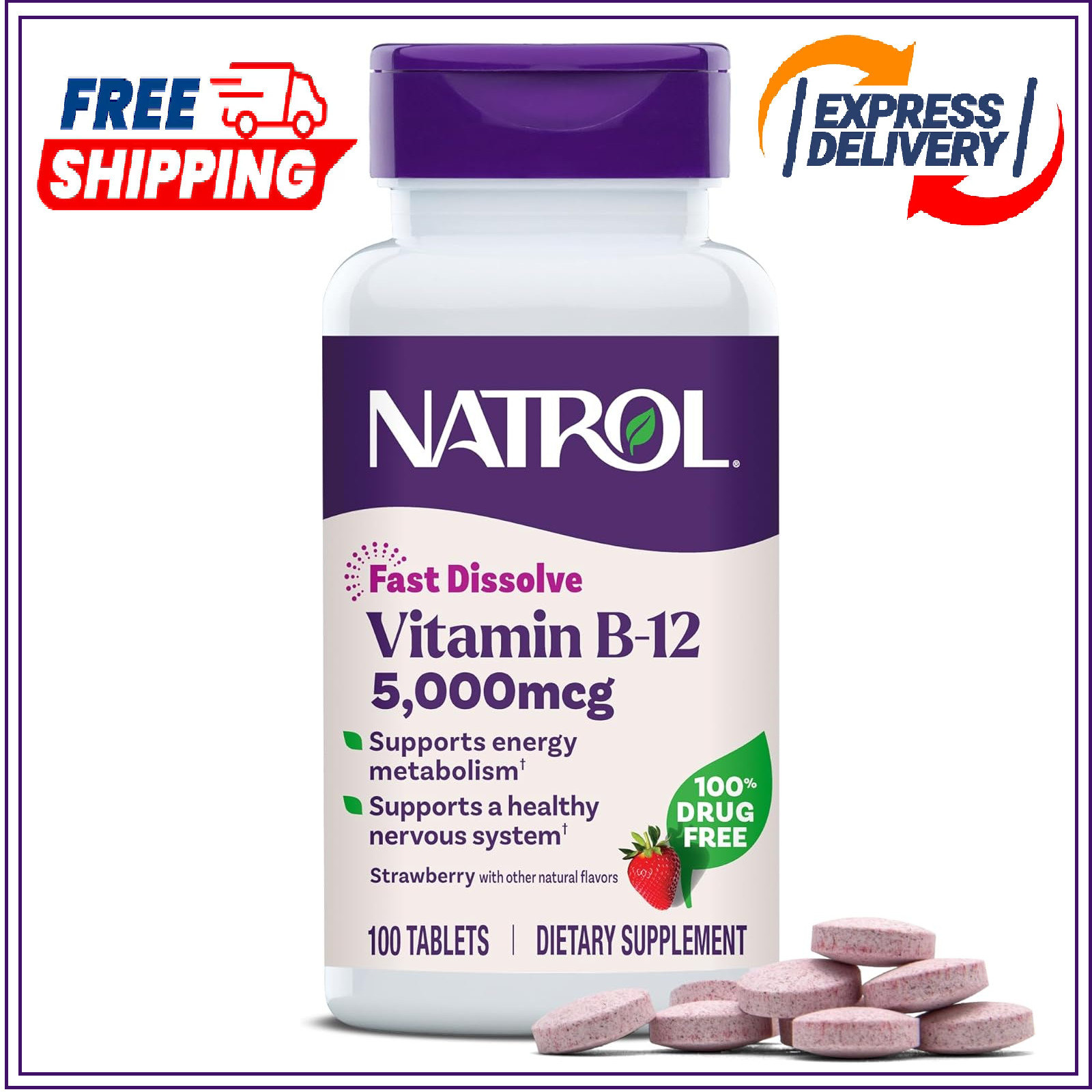 Natrol Vitamin B12 5,000 mcg, Fast Dissolve Vitamin B12 Supplement 100 Tablets