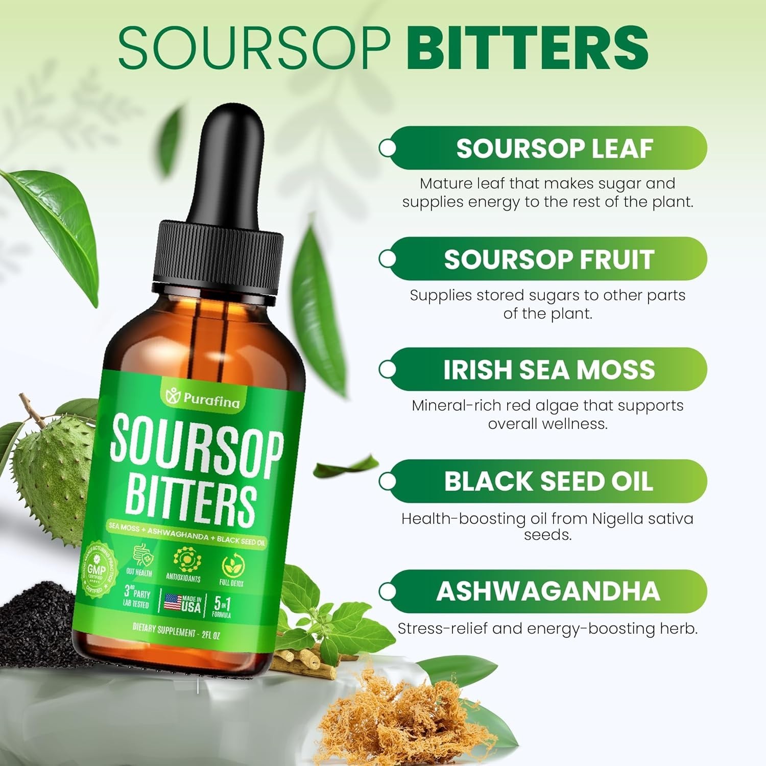 SOURSOP BITTERS LIQUID DROPS 5IN1 DETOX & CLEANSE W/ IRISH SEA MOSS, ASHWAGANDHA