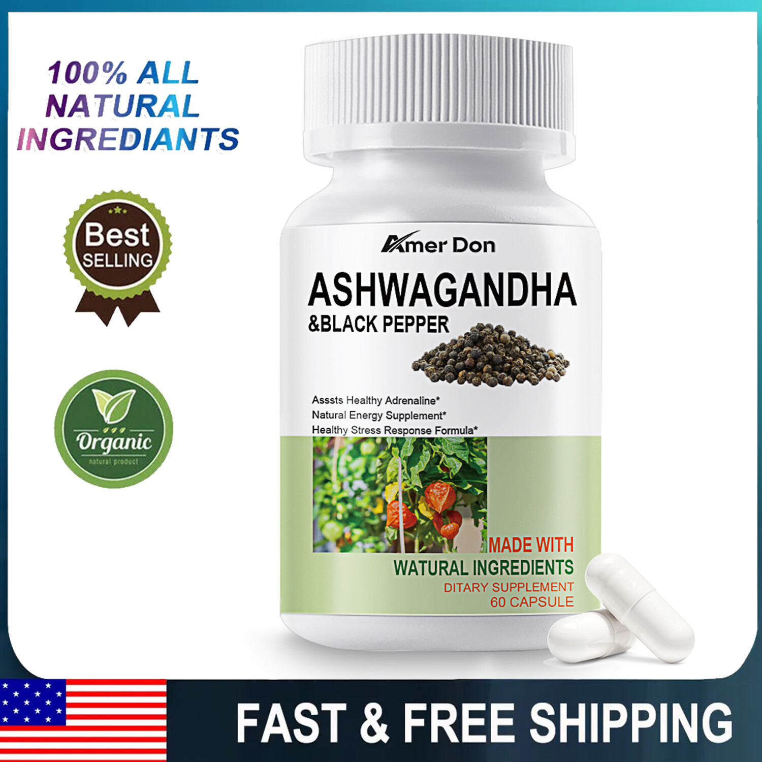 Ashwagandha Capsules 1300mg Supplement w/ Black Pepper,Stress,Energy,Immune 60CT