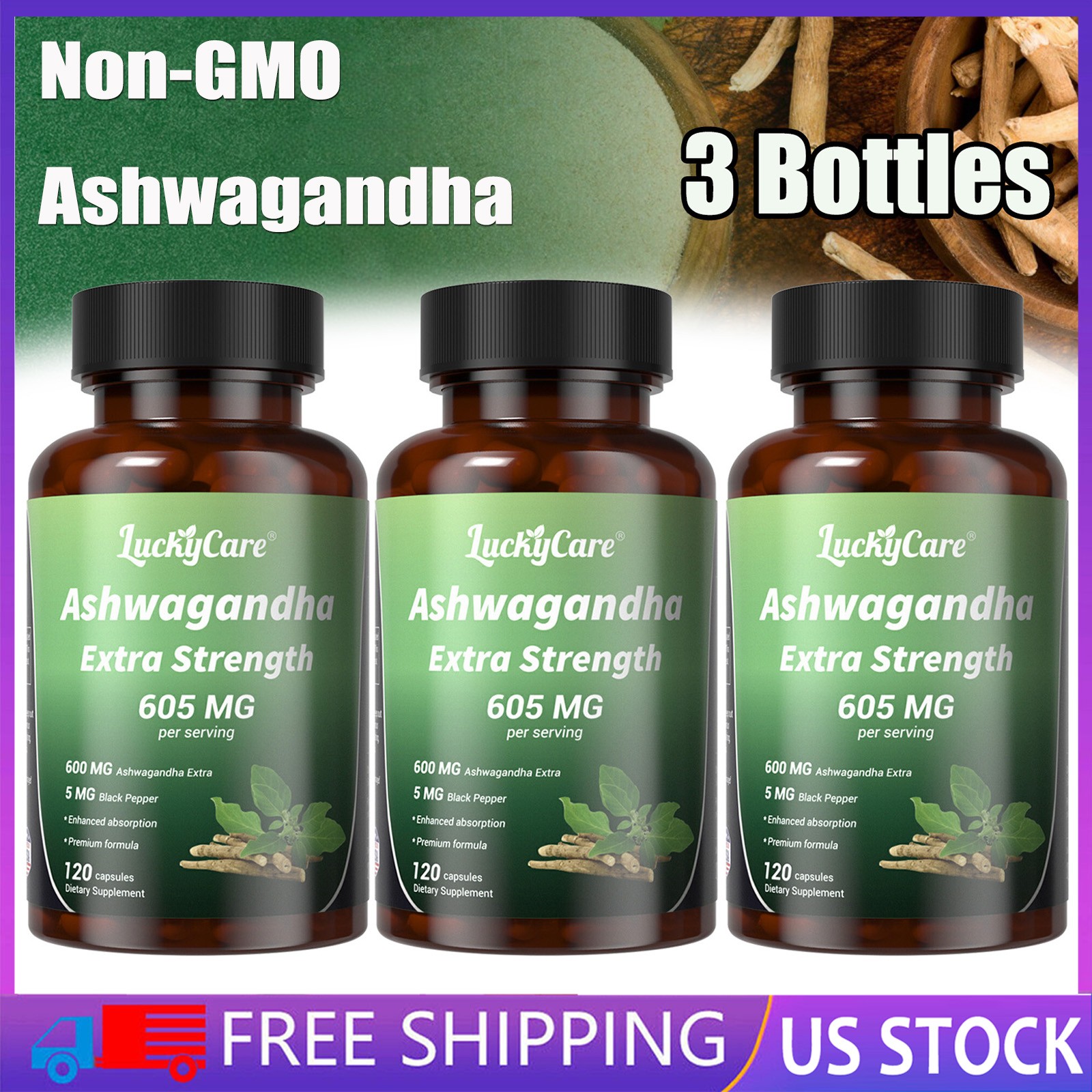 Ashwagandha w/ Black Pepper High Absorption Extra Strength Root Extract Non-GMO