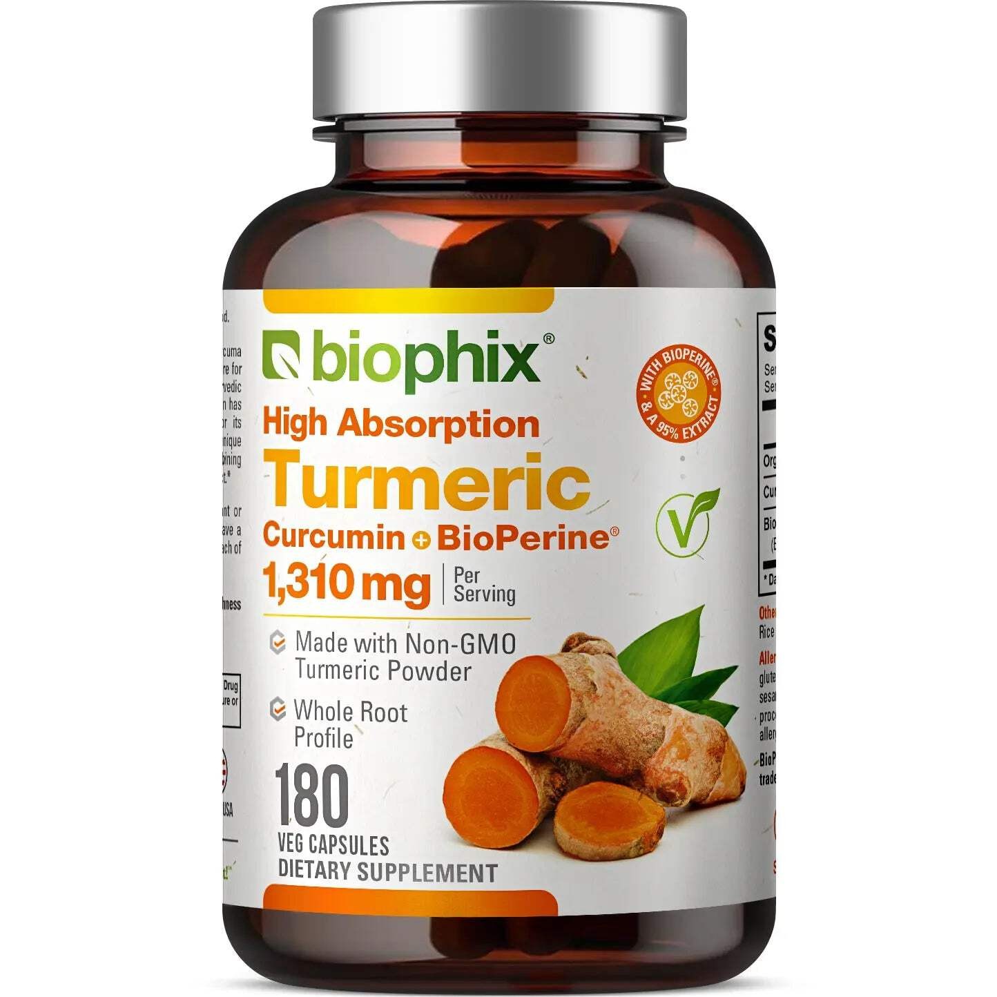 biophix Organic Turmeric Curcumin 1310 mg 180 Veg Capsules with BioPerine