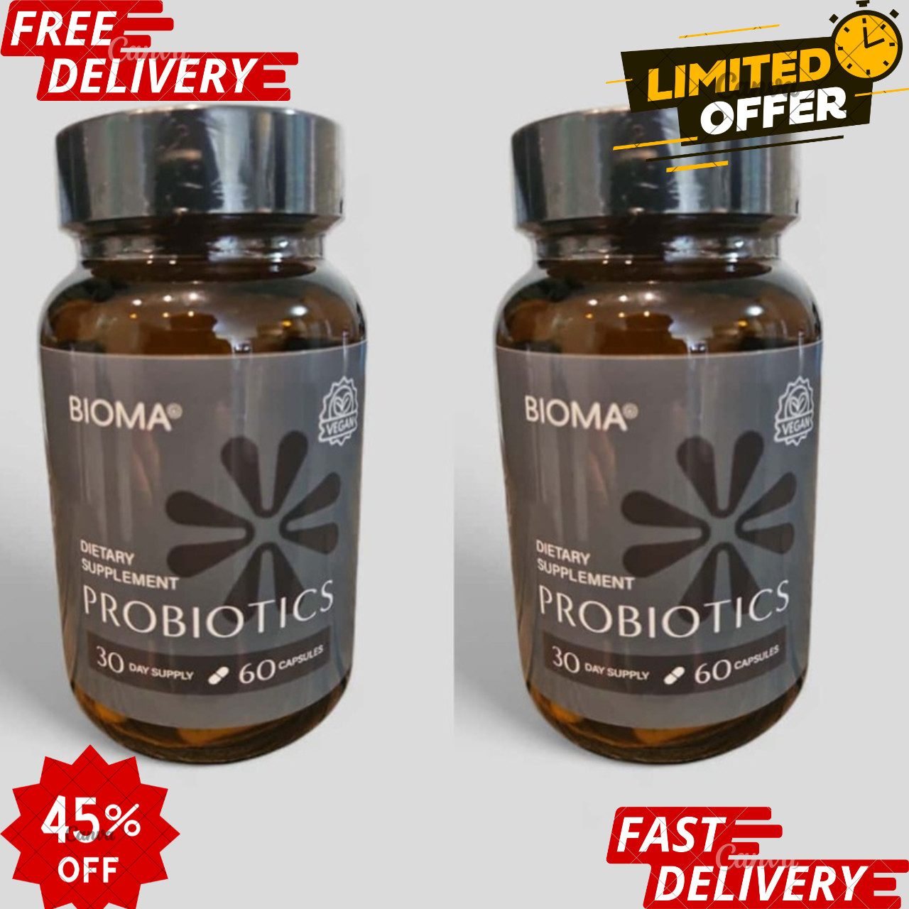 Bioma Probiotics for Digestive Health 3-in-1 Gut Health Formula 60 ct pack of 2