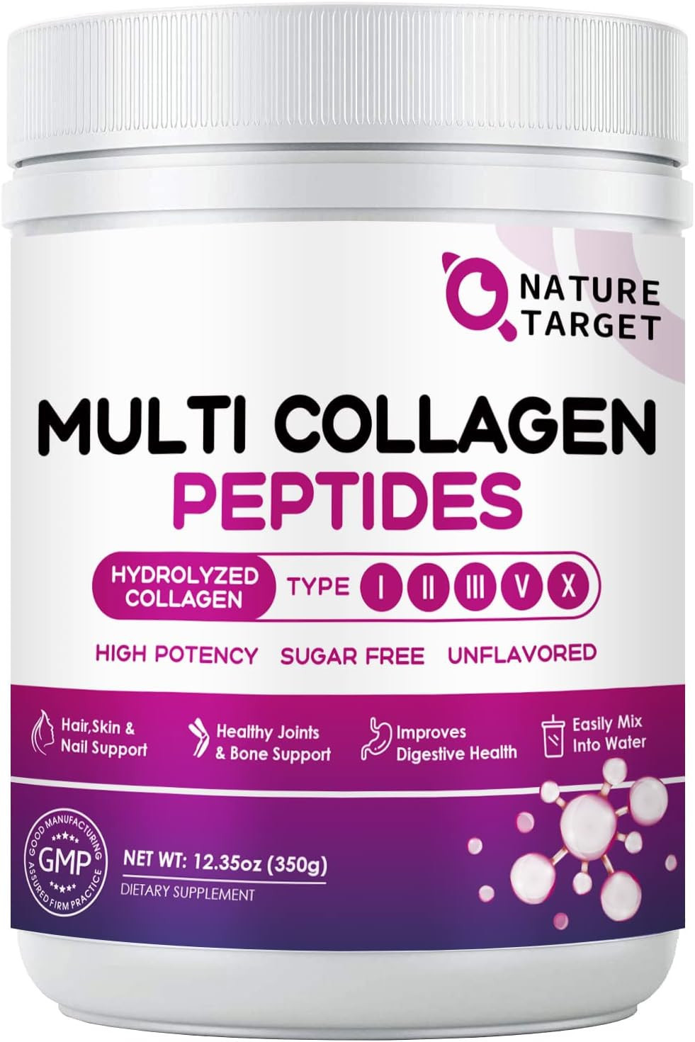 NATURE TARGET Multi Collagen Peptides Powder – Type I, II, III, V, X – Hydrolyze