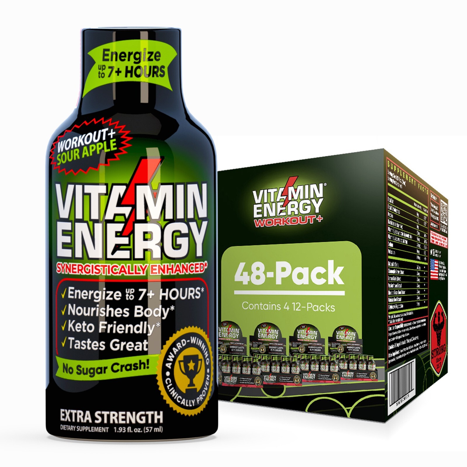 (48 Pack) Vitamin Energy® Workout+ Sour Apple Energy Shots, Clinically Proven