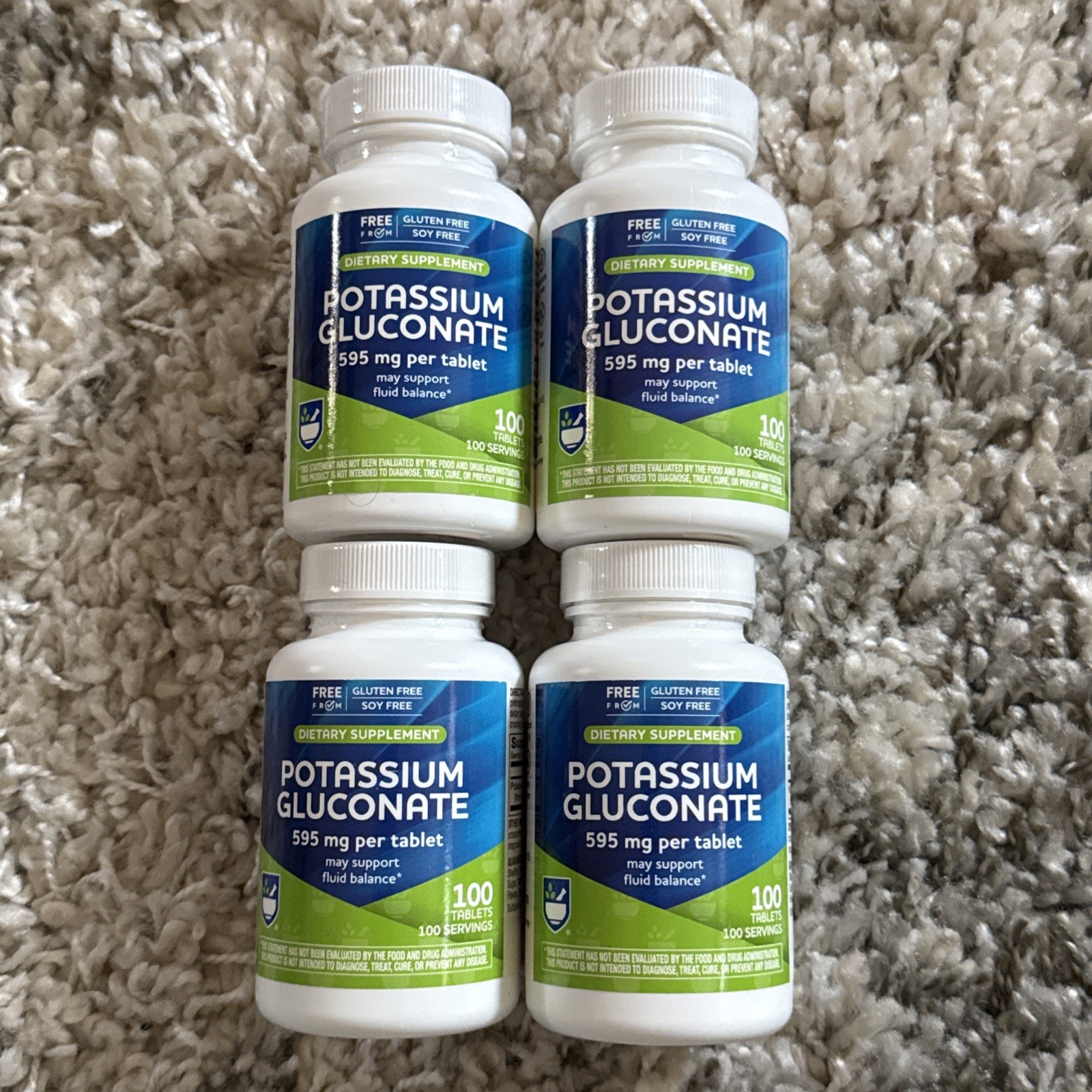 4x 100 Tablets POTASSIUM GLUCONATE 595mg – Rite Aid Pharmacy Exp 3 2-27 & 1 9-26