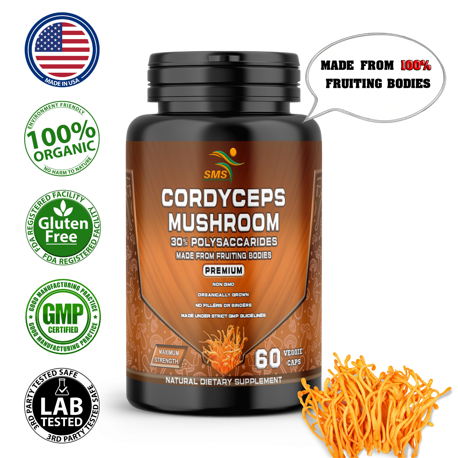 Organic Cordyceps Mushroom Capsules 1,000mg With 30% Polysaccharides