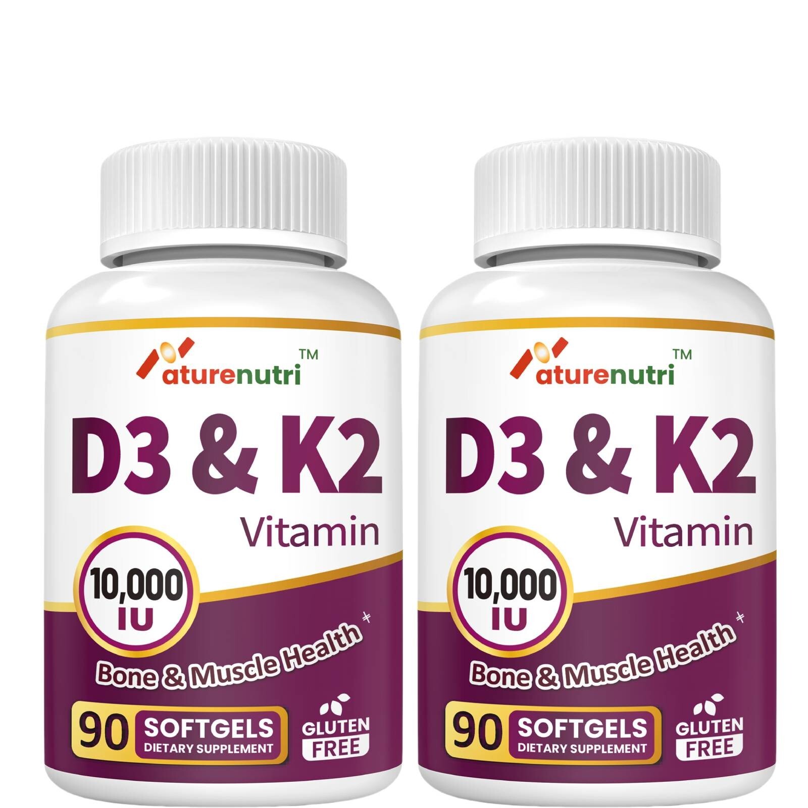 2 Packs – Vitamin D3+K2 (10,000IU + 200mcg) – 180 Softgels