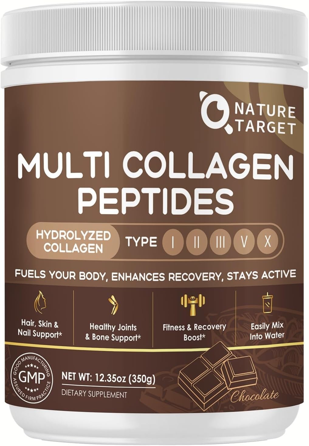 NATURE TARGET Chocolate Multi Collagen Peptides Type I, II, III, V, X  EXP 6/28