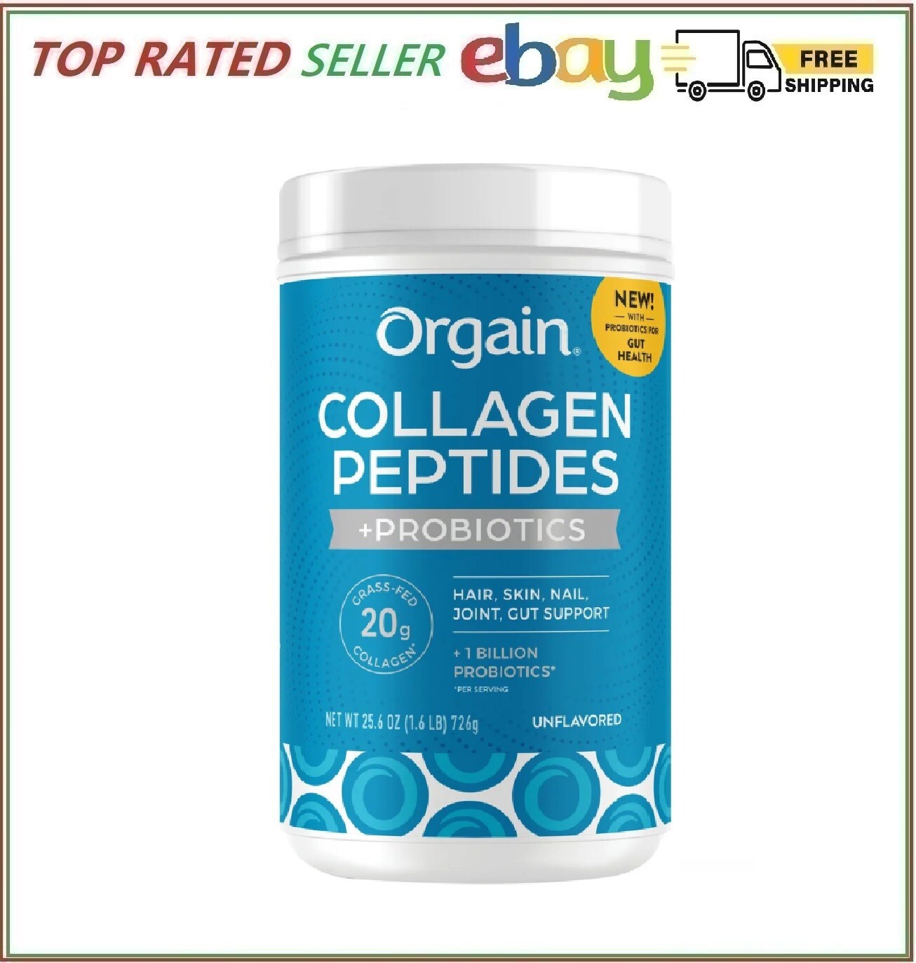 Grass Fed Orgain Collagen Peptides + Probiotics. Unflavored, 1.6 Pounds
