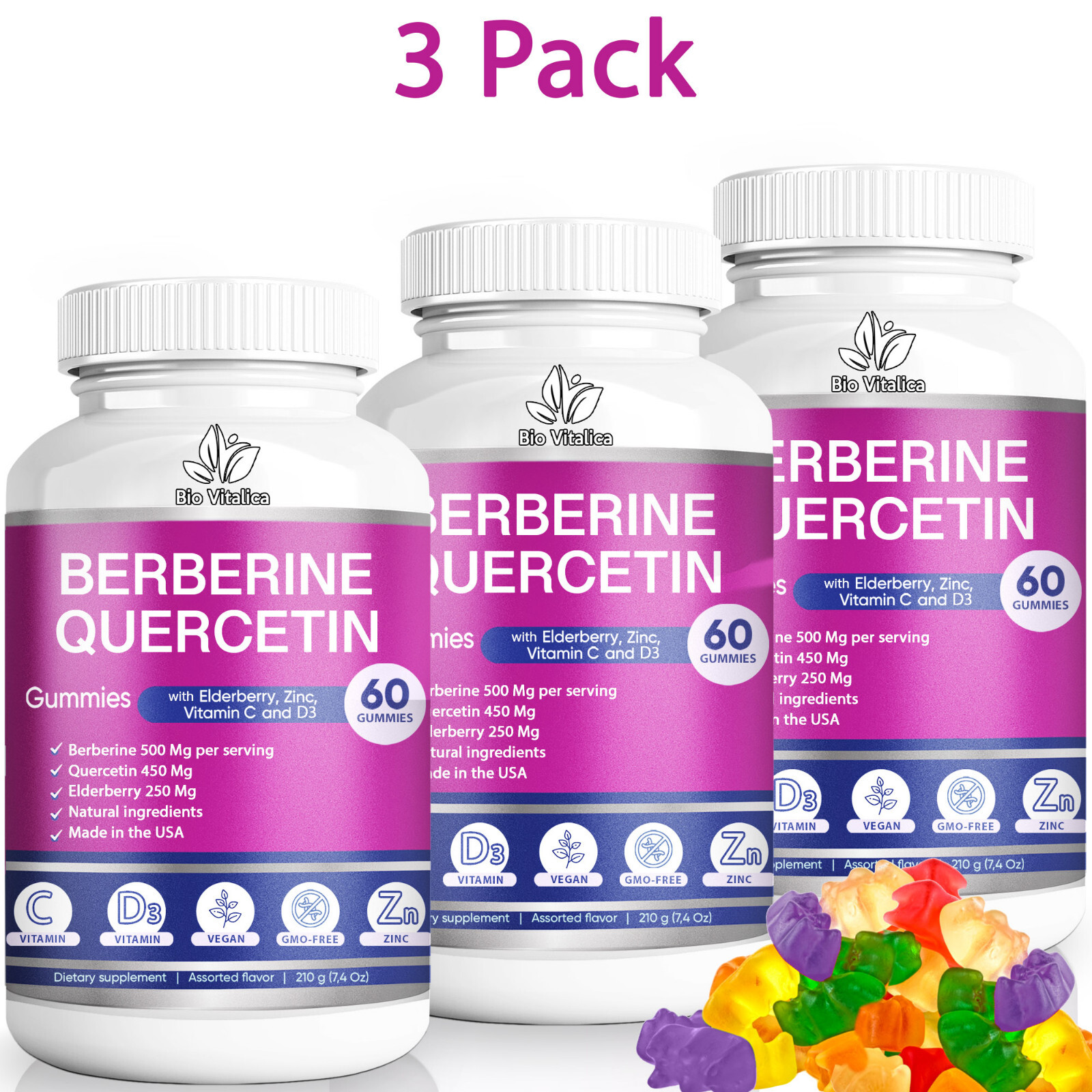 (3 Pack) Berberine Quercetin Gummies – Vitamin C D3 Zinc & Elderberry 5 in 1 Mix