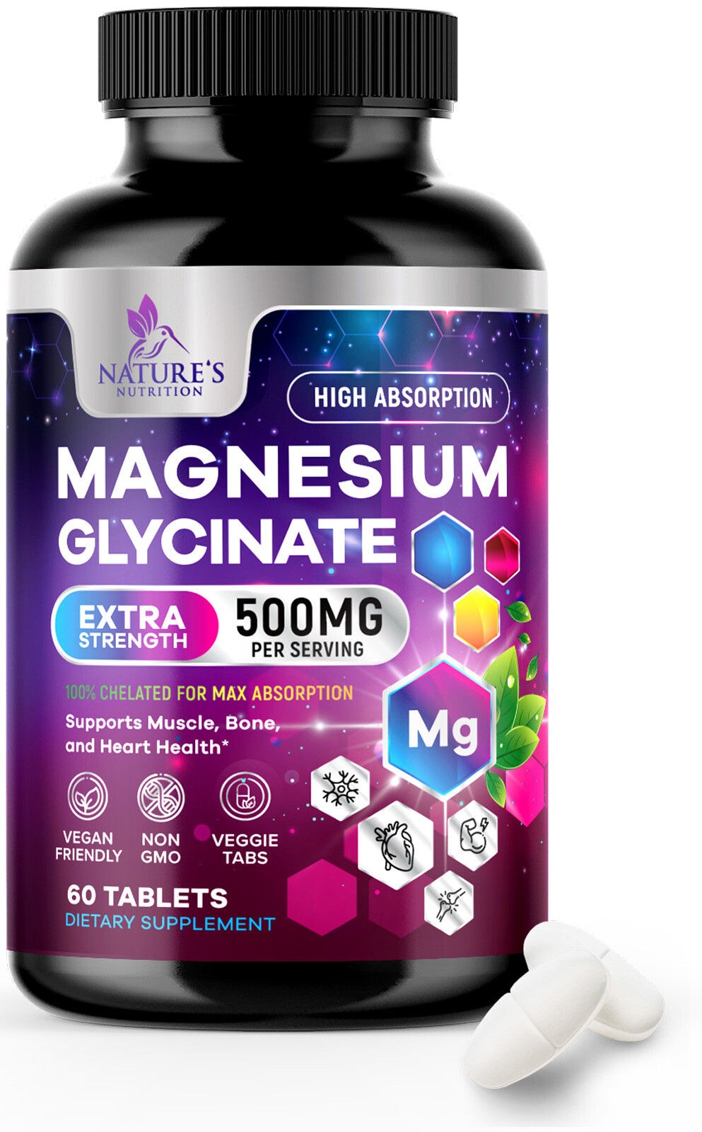 Magnesium Glycinate Extra Strength 500 mg 100% High Absorption Chelated Tablets