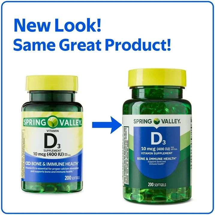 Spring Valley Vitamin D3 400 IU (10 mcg), 200 Softgels – Bone & Immune Support