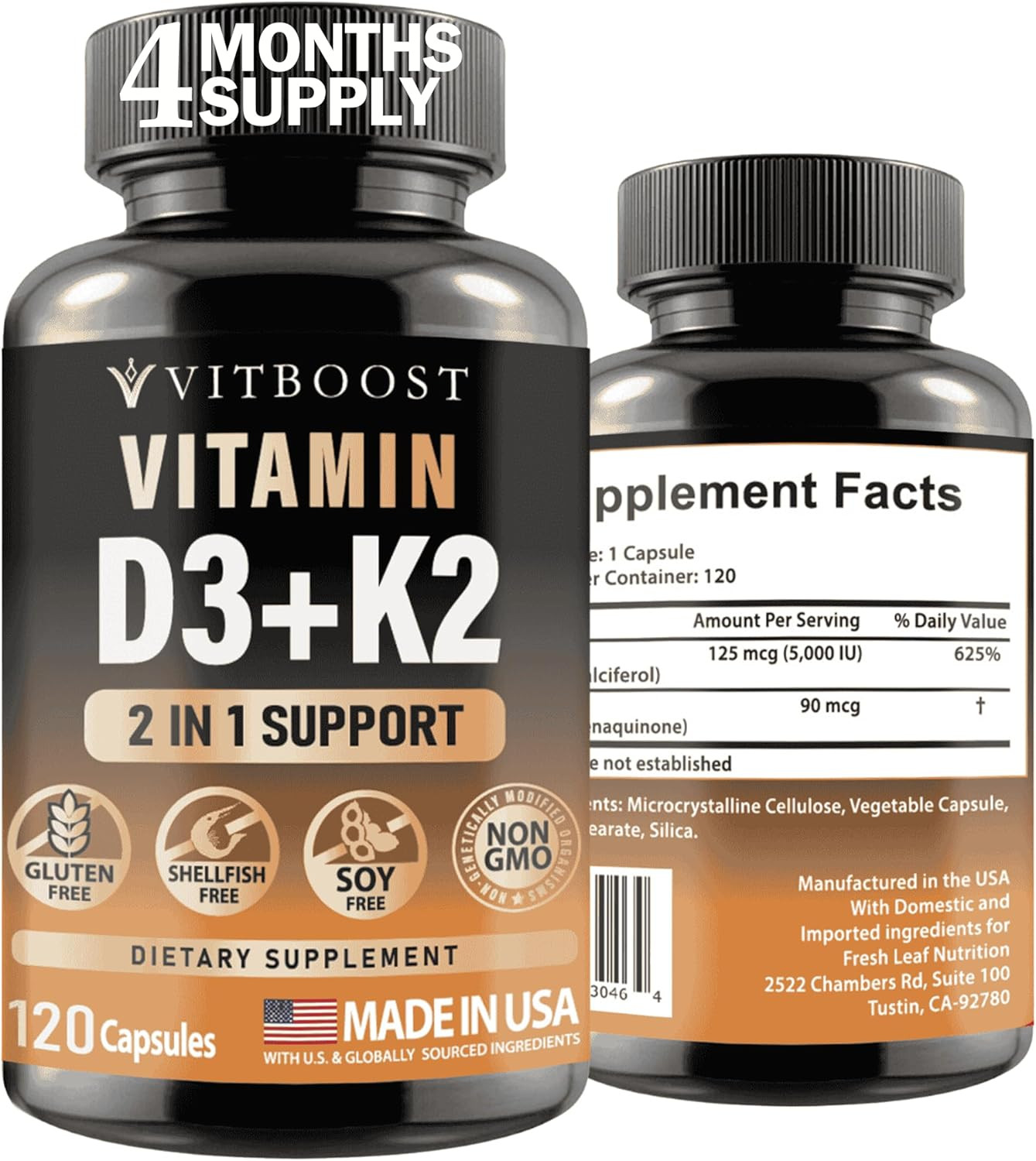 Vitamin D3 K2 Complex – Easy to Swallow – Vitamin D (D3) 5000 IU (125 Mcg) & K2(