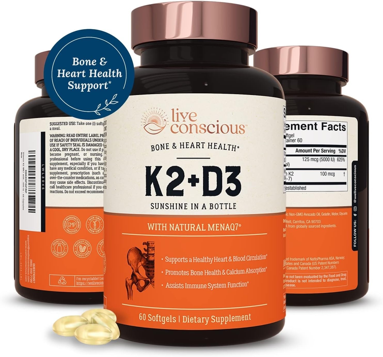 Live Conscious Vitamin K2 MK7 with D3 Supplement – Vitamin D3 5000 – 60 Softgels