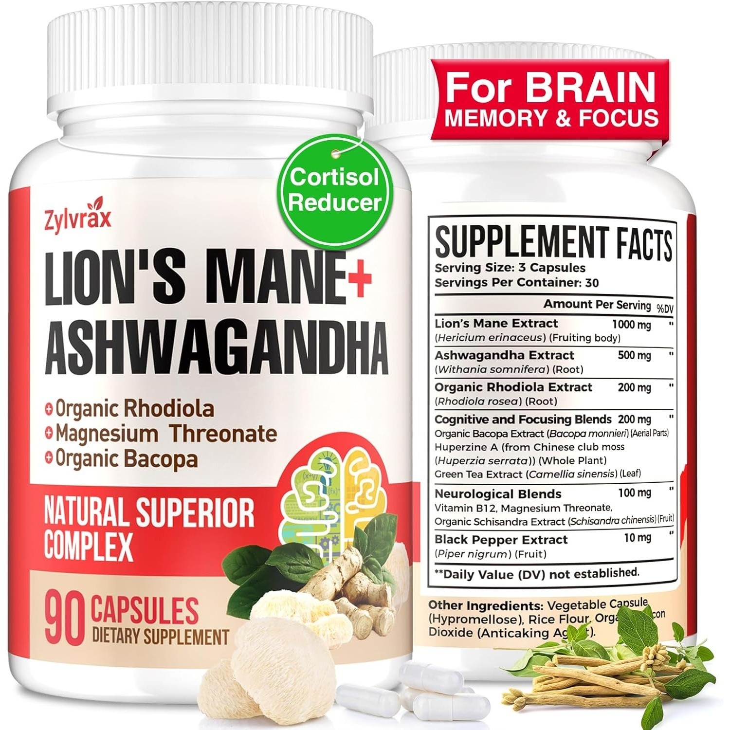Ashwagandha & Lions Mane Supplements Capsules Brain Supplements for Memory focus