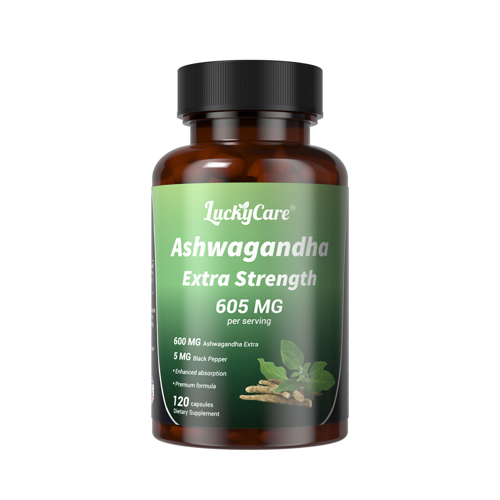Organic Ashwagandha Capsules 605mg Supplement w/ Black Pepper Root Powder