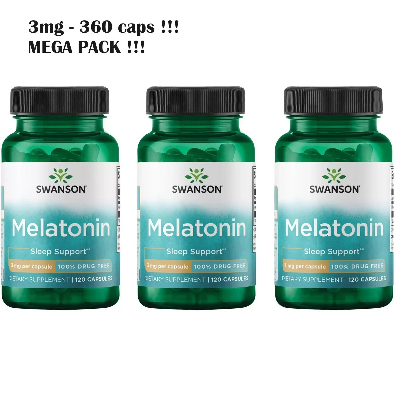3 x SWANSON MELATONIN 3mg-360 Caps (3×120) – Sleep support,Jet LAG MEGA PACK !!!