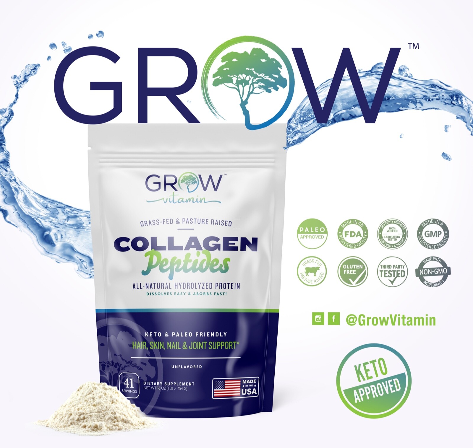 Premium Collagen Peptides All Natural Hydrolyzed Protein UNFLAVORED, 1lb 2023+
