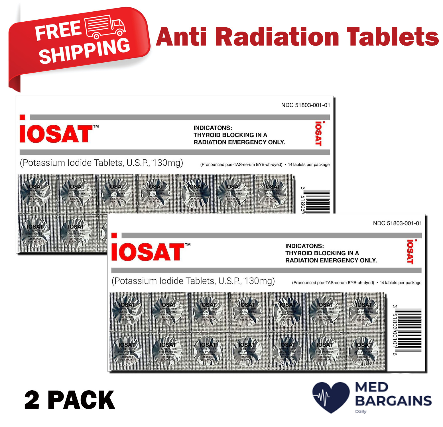 Anti Radiation  Iosat Potassium Iodide Tablets, 130mg Adults 2PACK 14 Tablets EA