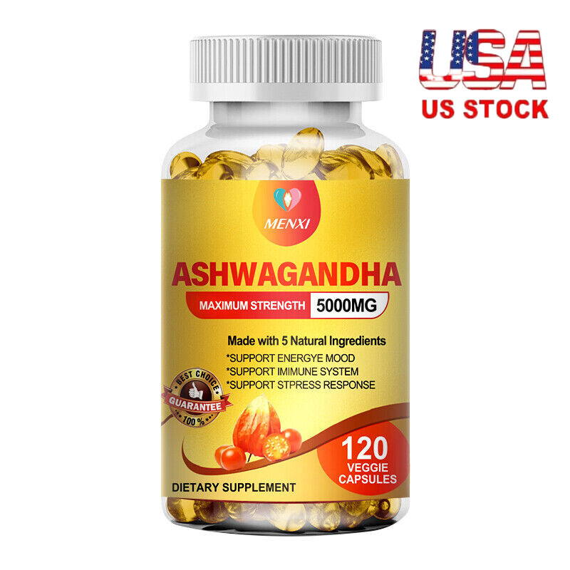 Organic Ashwagandha Capsules 5000mg Strong Stress & Adrenal Support 120 Capsules