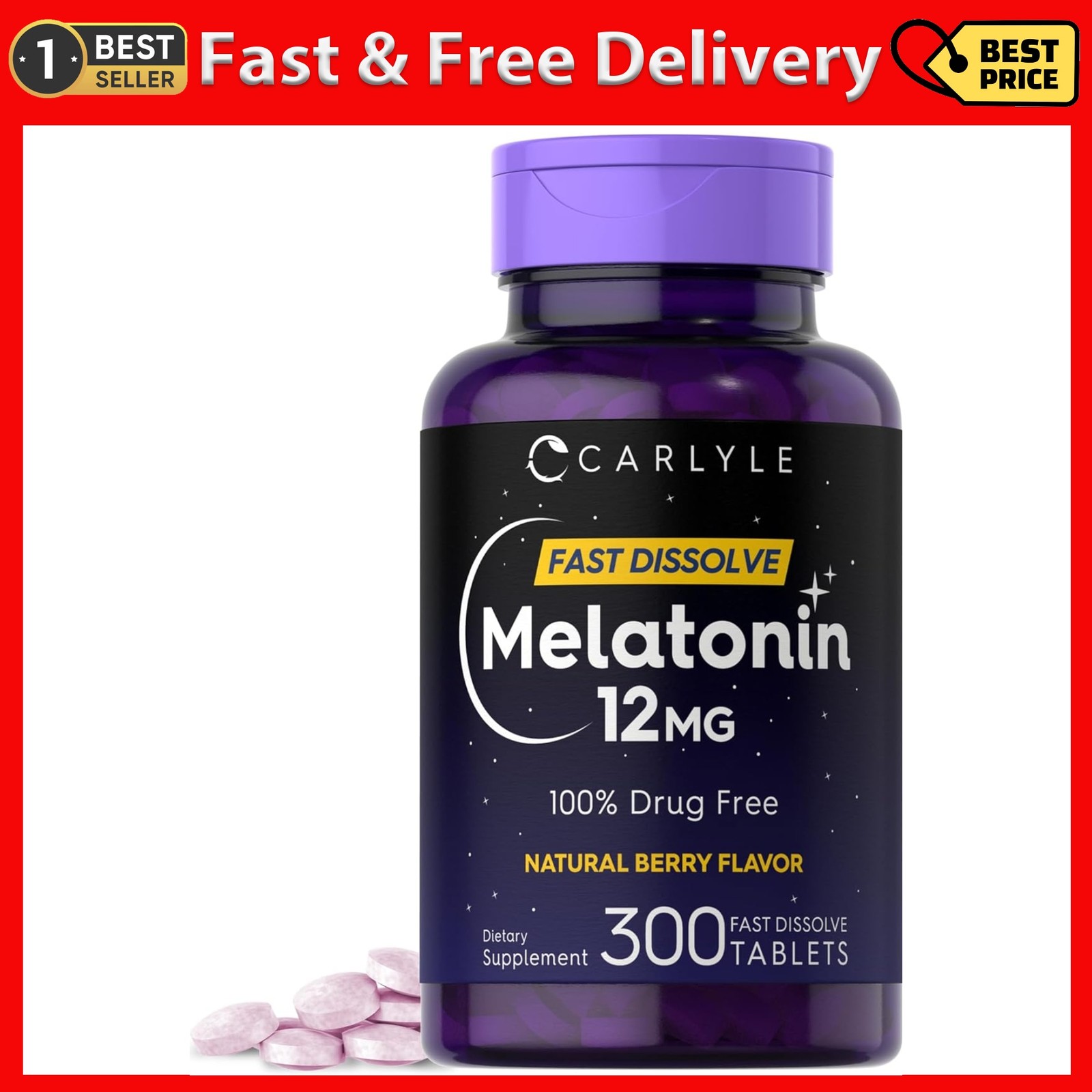 Carlyle Melatonin 12 mg Fast Dissolve 300 Tablets | Drug Free | Natural Berry Fl