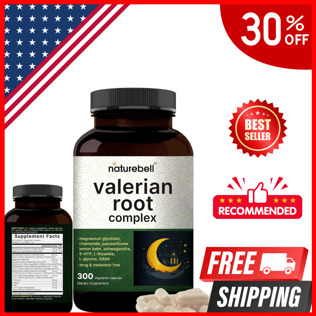NatureBell Valerian Root for Sleep, 300 Veggie Capsules with Magnesium Glycinate