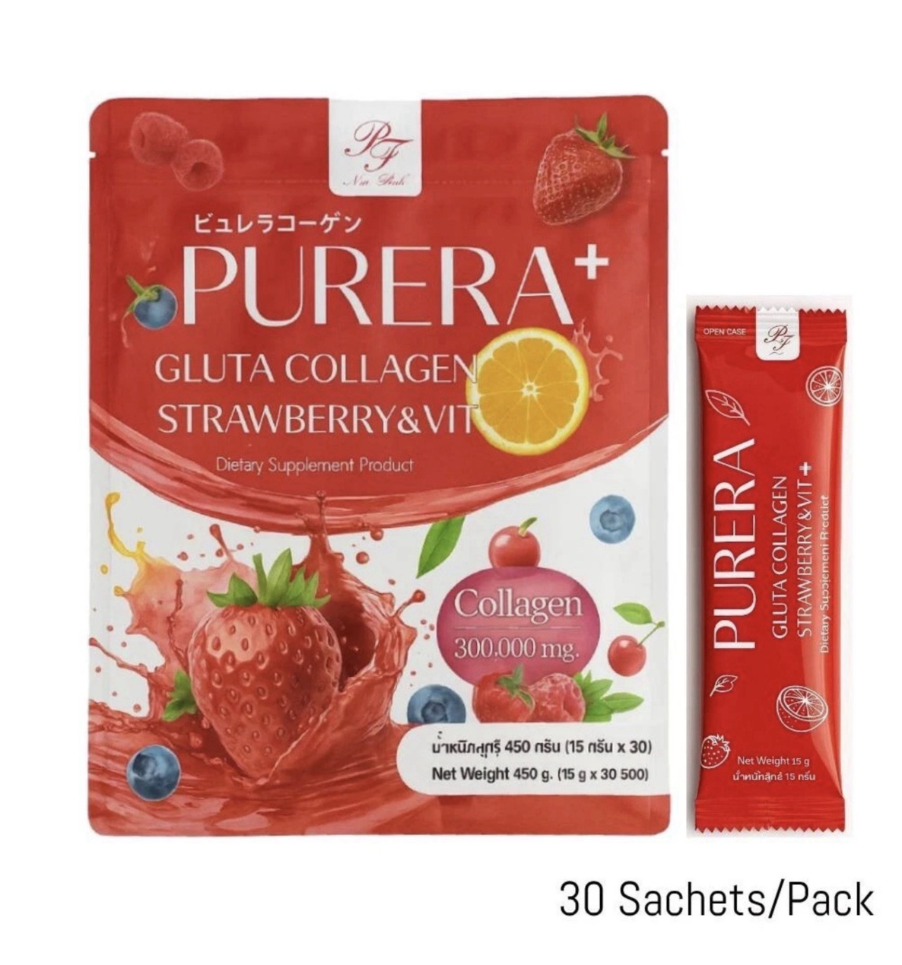 Purera Gluta Collagen Strawberry Vit C Skin, Glutathione Collagen