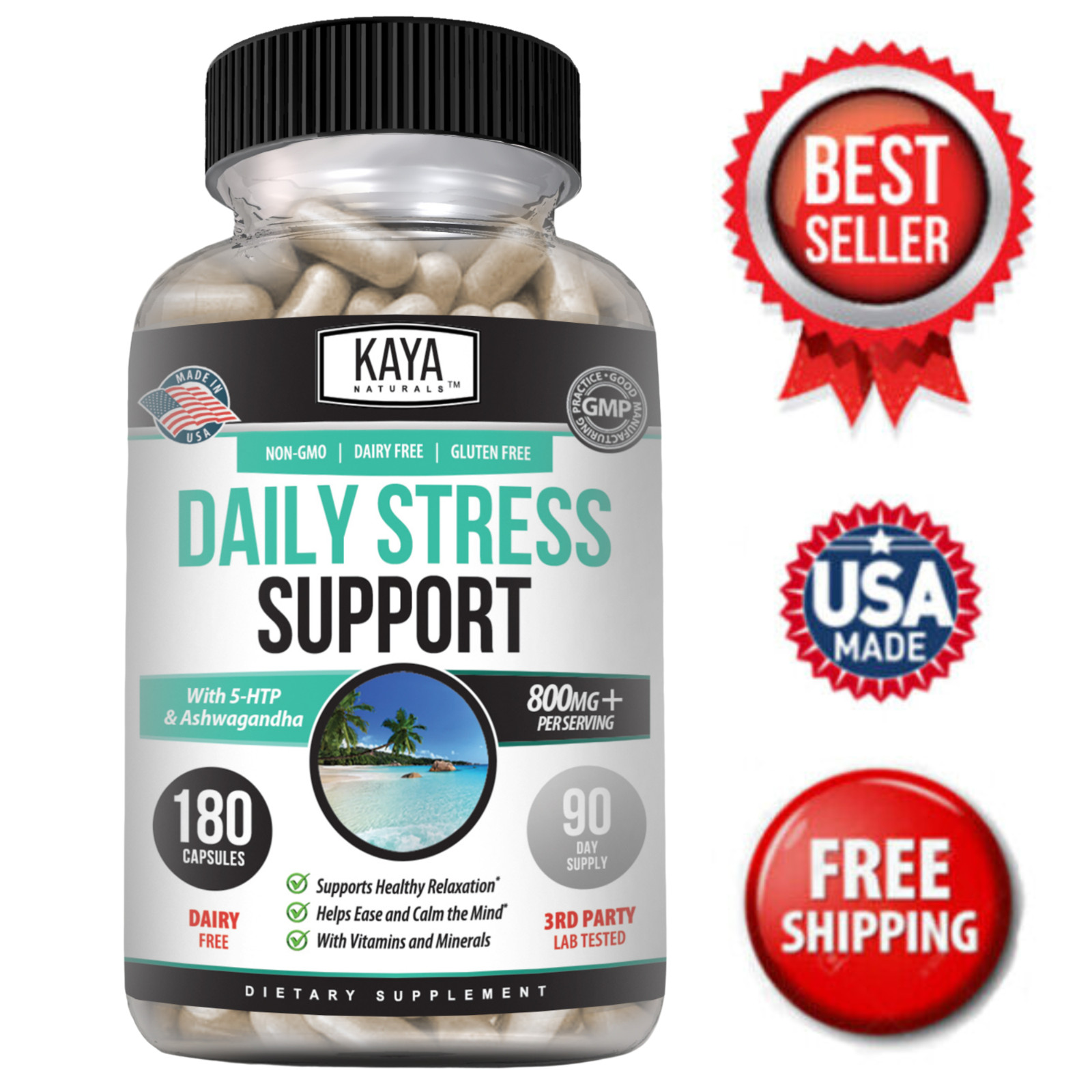 Natural Anxiety Stress Relief 180ct Ashwagandha Rhodiola L Theanine Calm