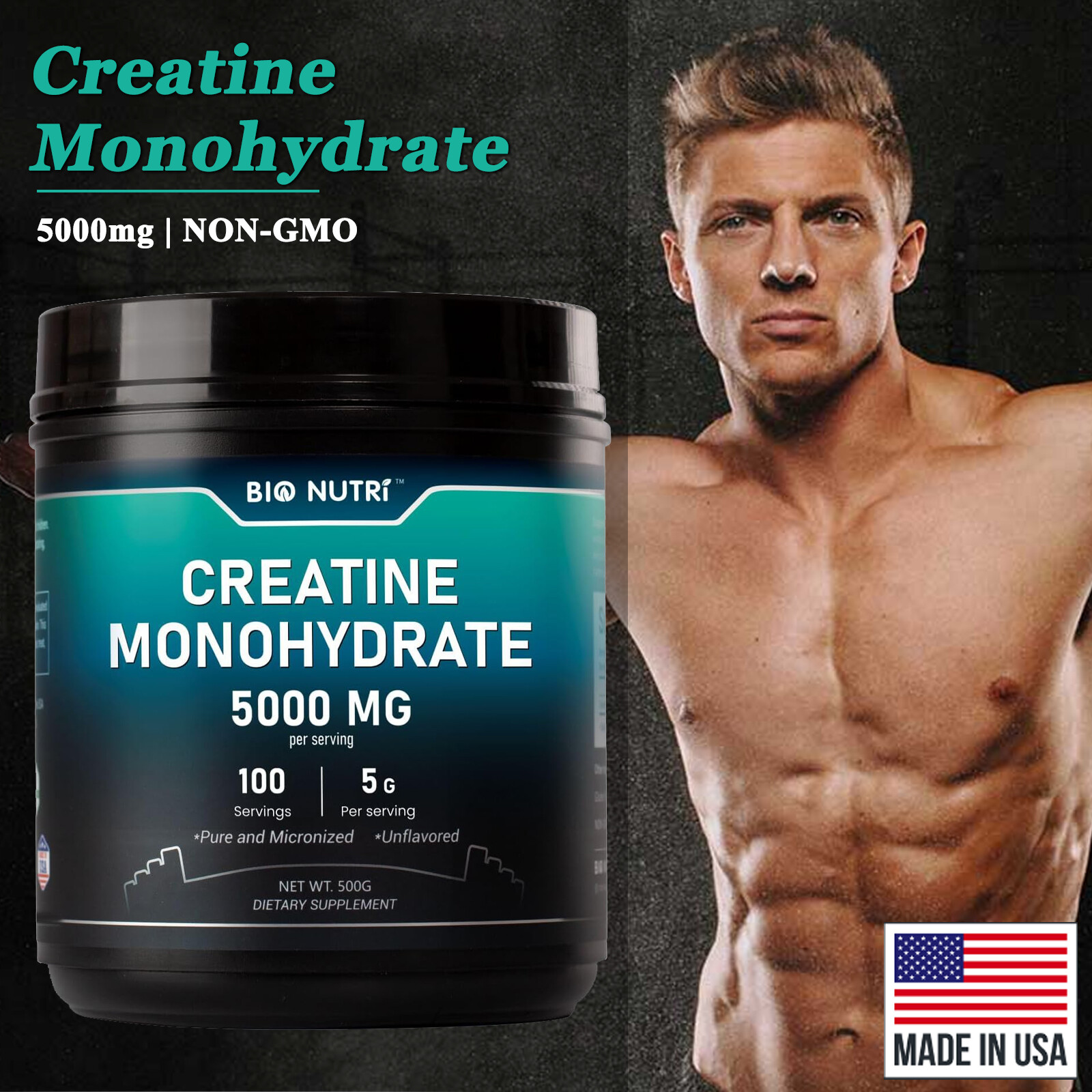 Creatine Monohydrate 5000mg Powder – 100 Servings Mass Gainer, Gain Lean Muscle