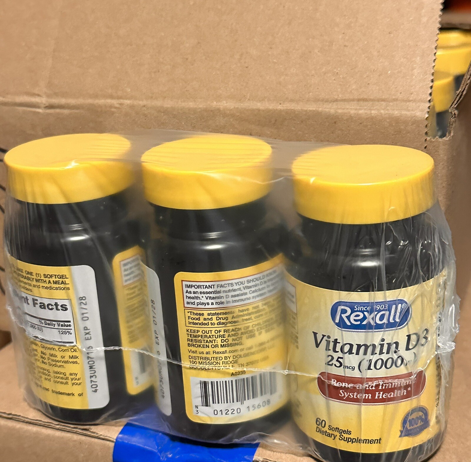 REXALL VITAMIN D3 1000 IU 25MCG IMMUNE SYSTEM BONE HEALTH 60-CT X 3 Bottles