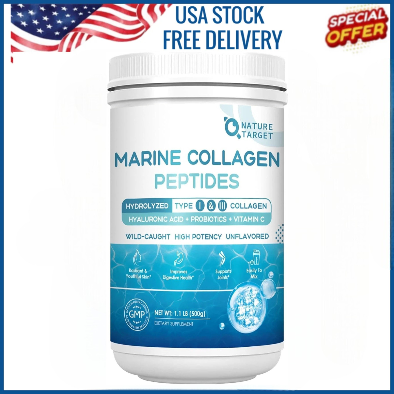 Marine Collagen Peptides Powder Type I & III Hydrolyzed Collagen Hyaluronic Acid