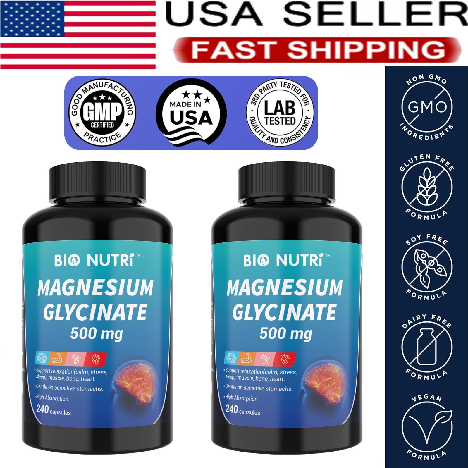 Magnesium Glycinate-480 Capsules For, Muscle, Joint, Heart, & Digestive Health