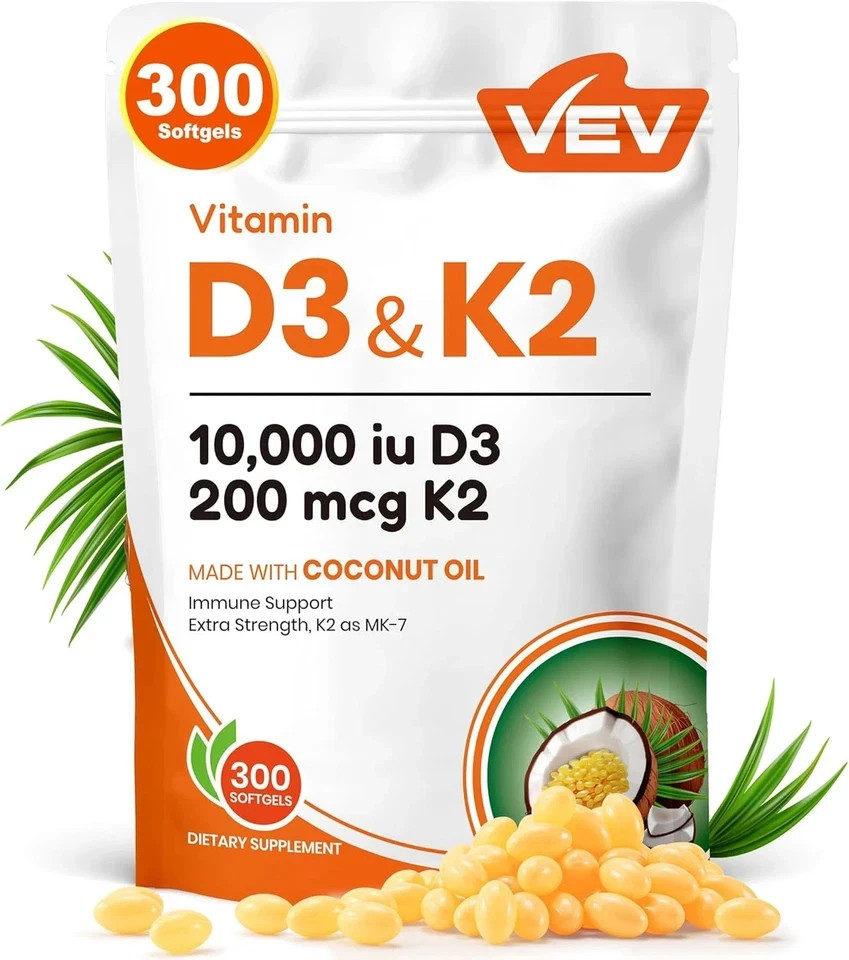 2 in 1 Vitamins，VEV Vitamin D3 Con K2 10000 IU, 300 Virgin Coconut Oil Softgels*