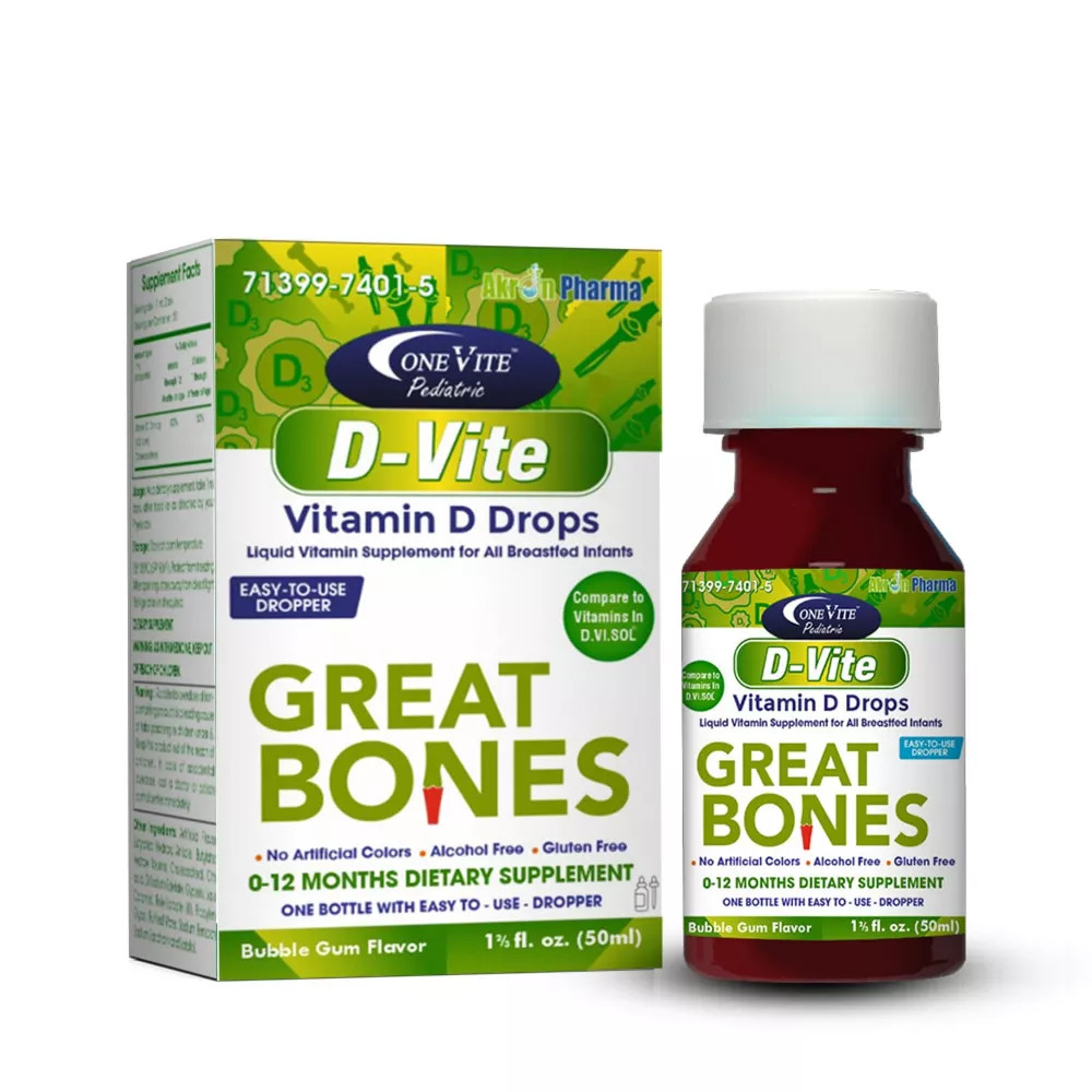 Akron Pedriatic D-Vite Vitamin D Liquid Drops Bubble Gum Flavor Bone Health 50mL