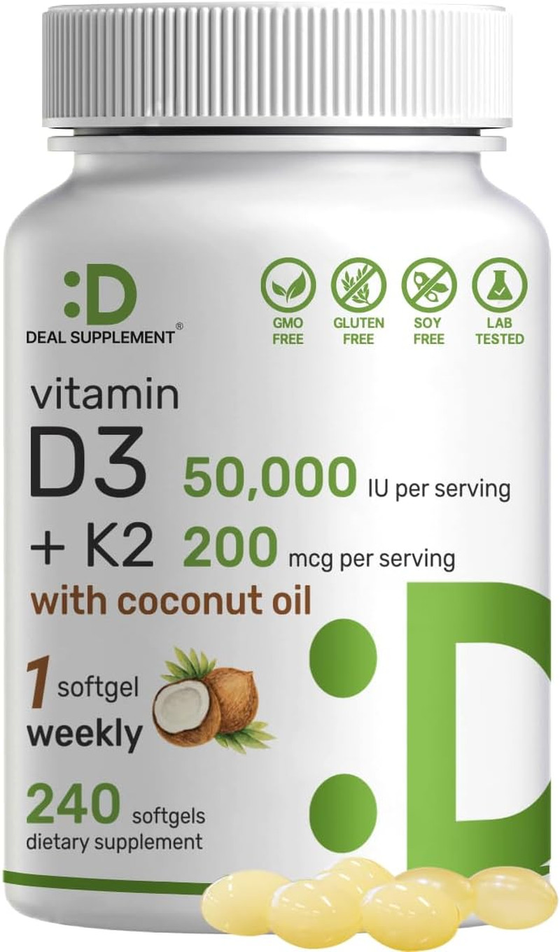 Vitamin D3 50,000 IU + K2 MK7 200 Mcg,240 Softgels | Virgin Coconut Oil, Max Str