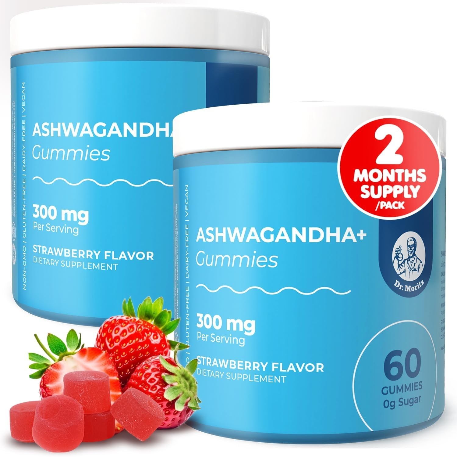 Dr. Moritz 2 Pack Ashwagandha Gummies 300 mg Strawberry Flavor with L-Theanine