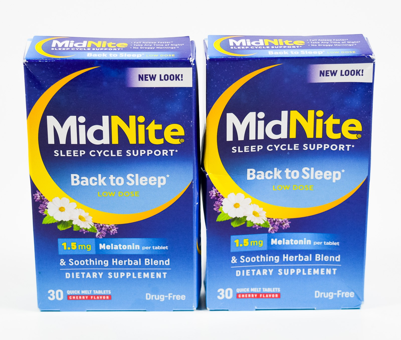 2 MidNite BACK TO SLEEP Support lose dose 1.5mg Melatonin 30 Cherry tabs 05/2026