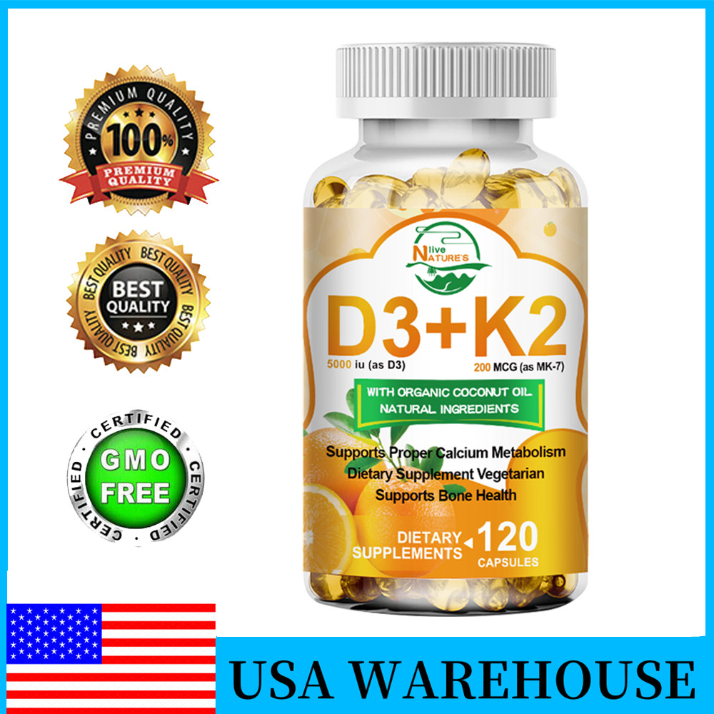 Vitamin D3 K2 Softgel Capsules Extra Strength D3 K2 Supplements with 5000 IU US