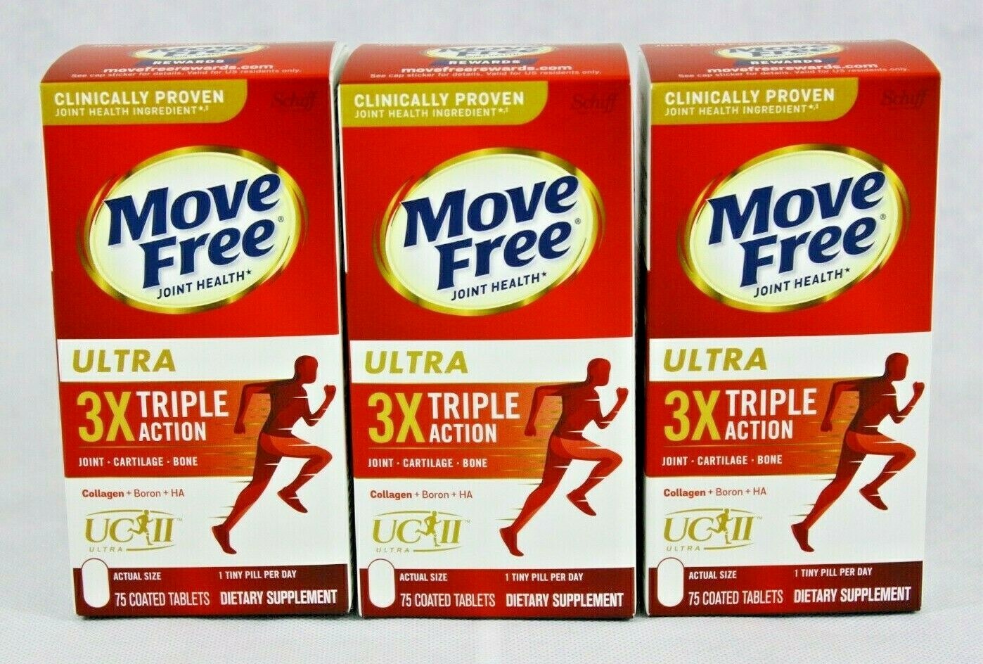 3 Bottles Schiff Move Free Ultra Triple Action 75 Tiny Tablets with UC II 07/28