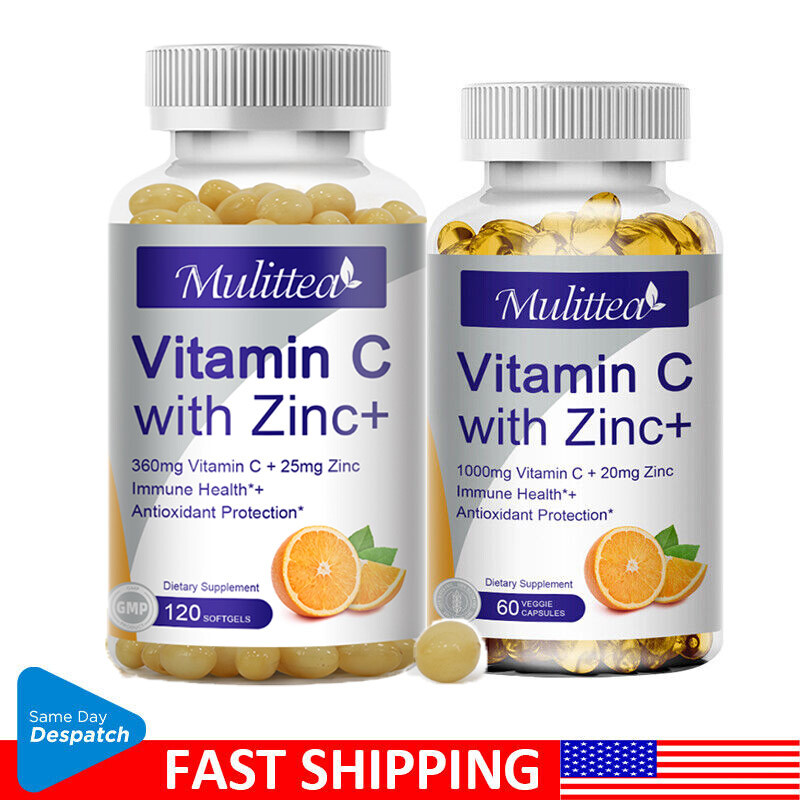 Vitamin C Capsules 360Mg with Zinc Powerful Immune Support Antioxident 60/120PC