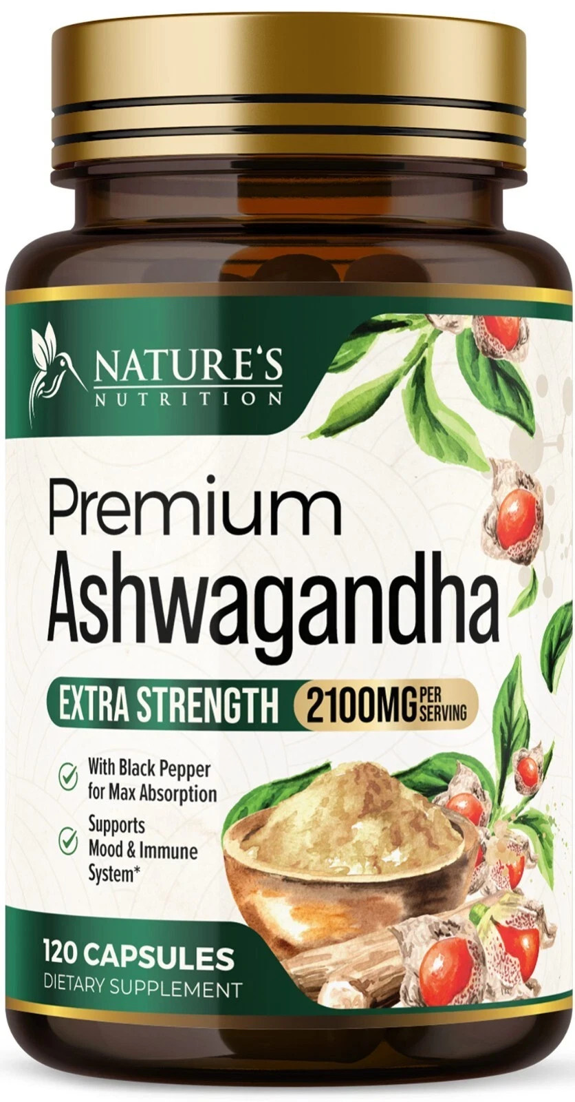 Organic Ashwagandha Capsules 2100mg Supplement w/ Black Pepper Root Powder