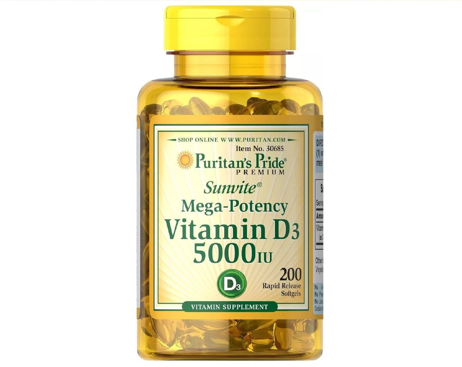 Vitamin D3 Mega Potency Puritans Pride 5000 Iu Immune Supplement 200 Softgels.