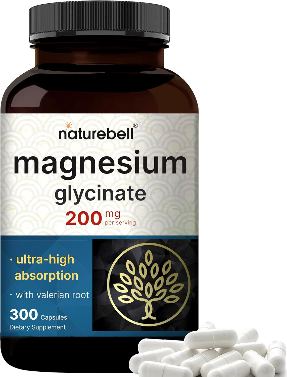 Magnesium Glycinate 200mg with Valerian, High Absorption, 300 Caps, Non-GMO
