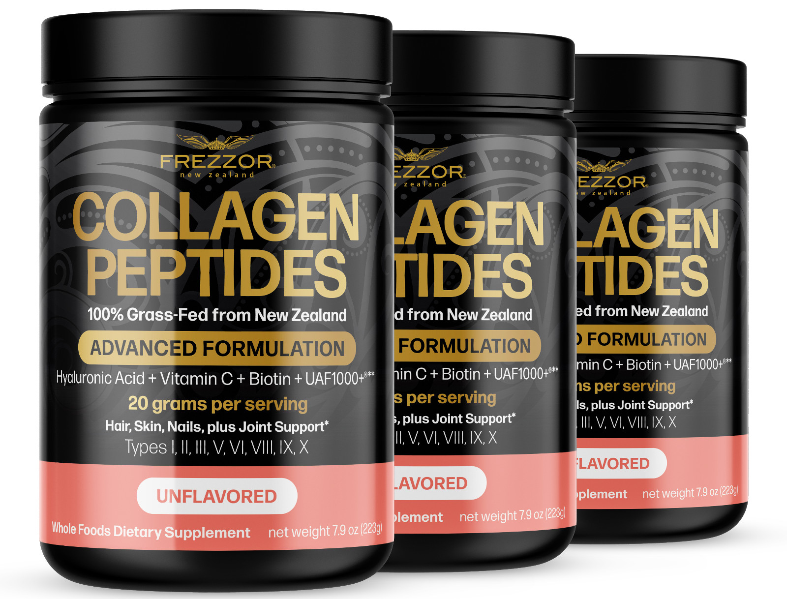 FREZZOR Collagen Peptides – 100% New Zealand Beef Bone Collagen 675g 3 Jars