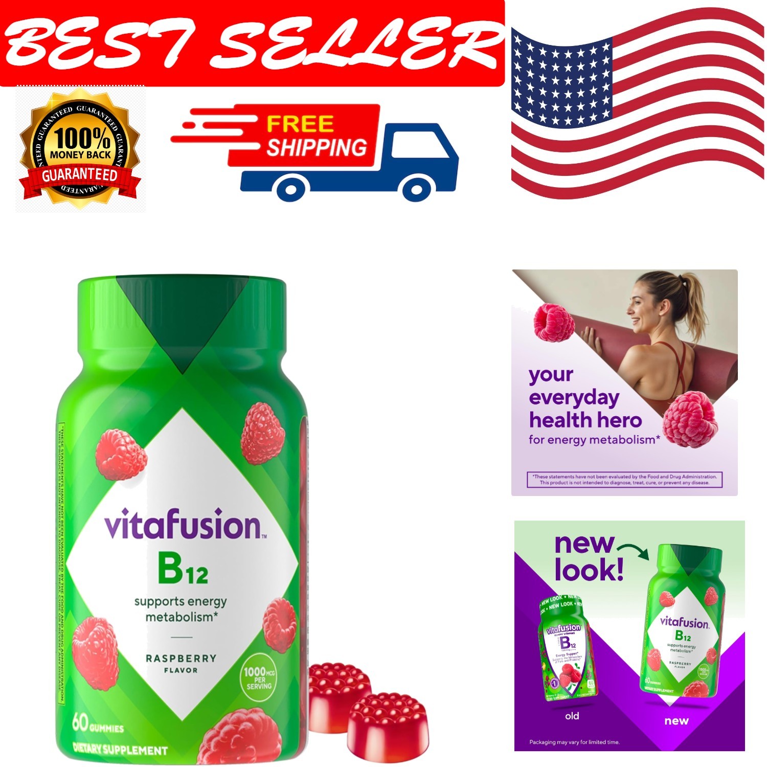 Vitamin B12 Gummy Vitamins Raspberry Flavor 60ct Energy Support